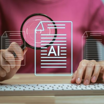 AI (Artificial Intelligence) concept, technology smart robot assistant online, filling survey form online.